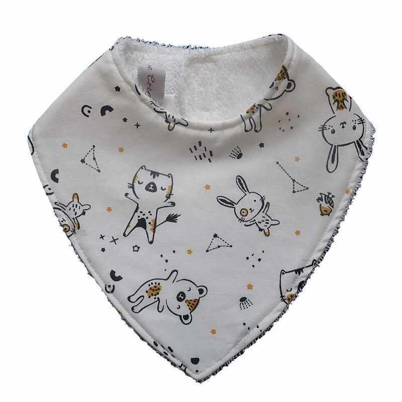 Bavoir bandana blanc motif animaux made in France