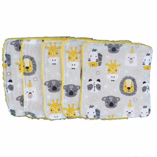 Cinq lingettes lavables motif animaux made in France