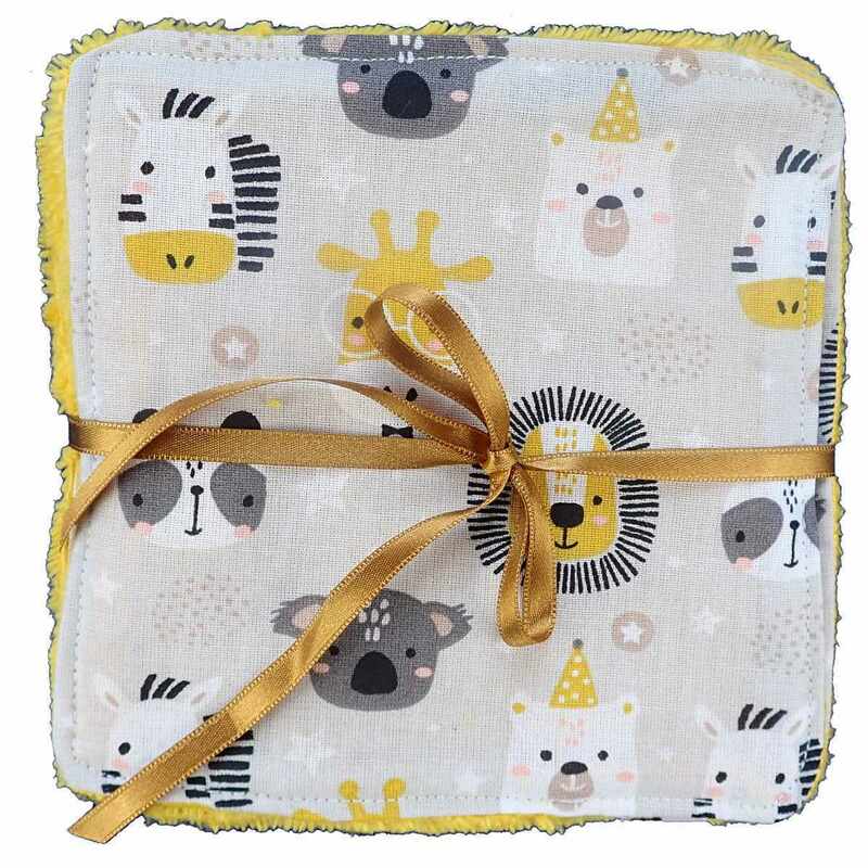 Cinq lingettes lavables motif animaux made in France