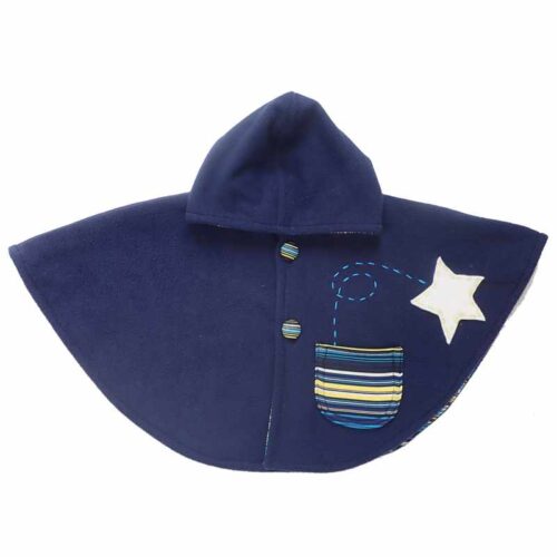 Cape poncho 0/12 mois polaire bleu poches à rayures