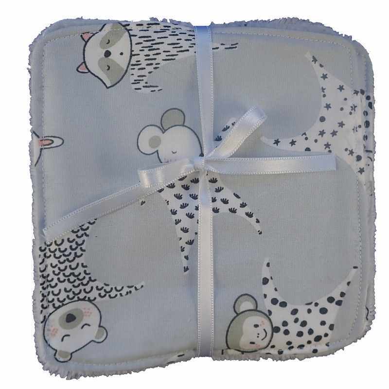 Cinq lingettes lavables blanches oursons bleu clair