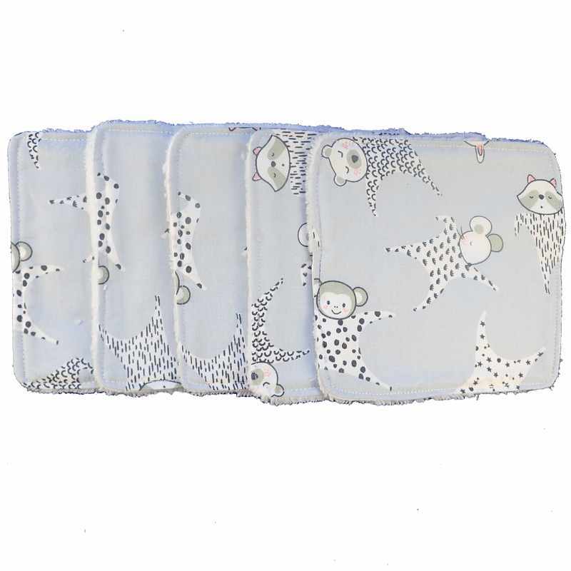 Cinq lingettes lavables blanches oursons bleu clair