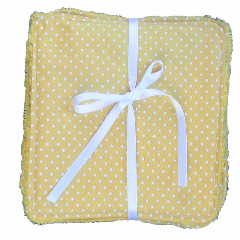 Cinq lingettes lavables jaunes points blancs