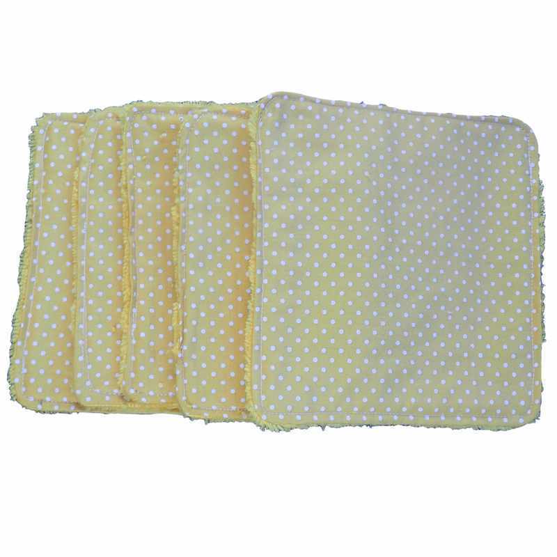 Cinq lingettes lavables jaunes points blancs