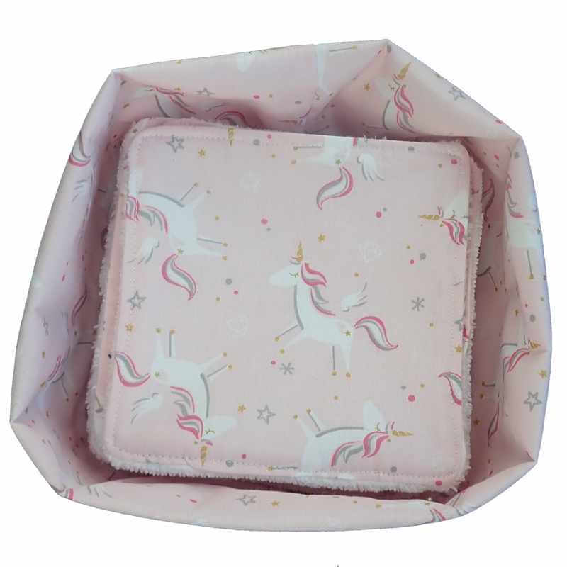 Corbeille 10 lingettes lavables licornes roses