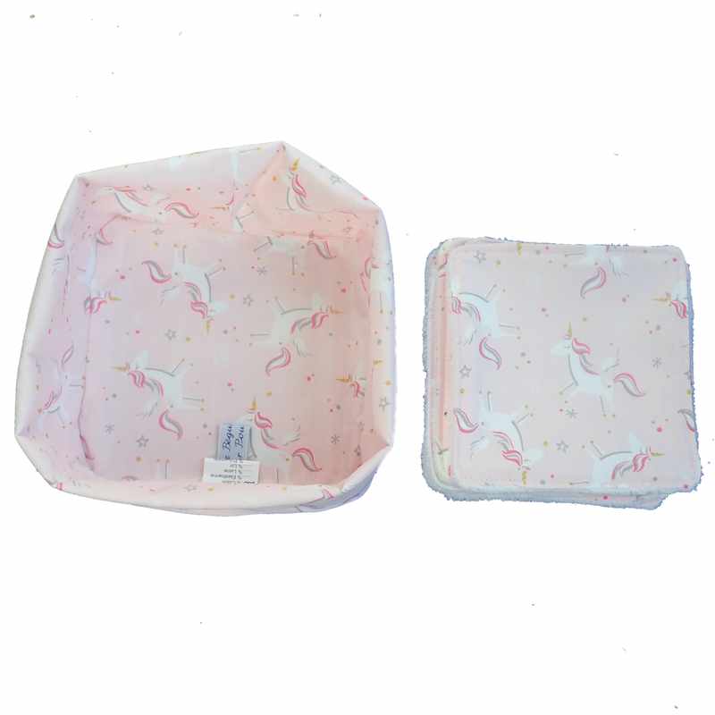 Corbeille 10 lingettes lavables licornes roses
