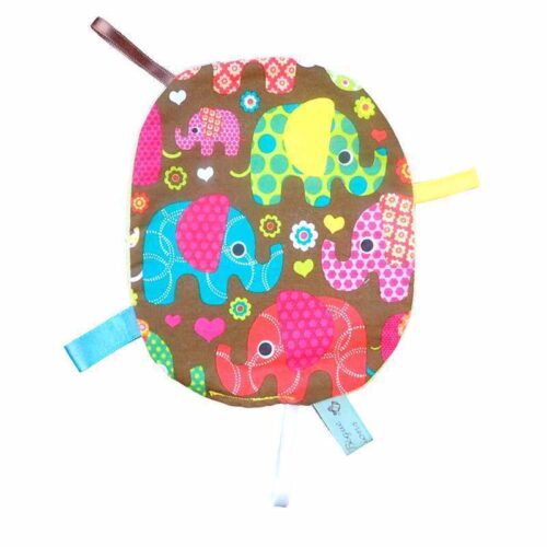 Doudou plat marron éléphants multicolores