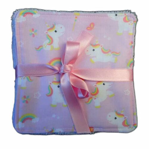 Cinq lingettes lavables roses bébés licornes