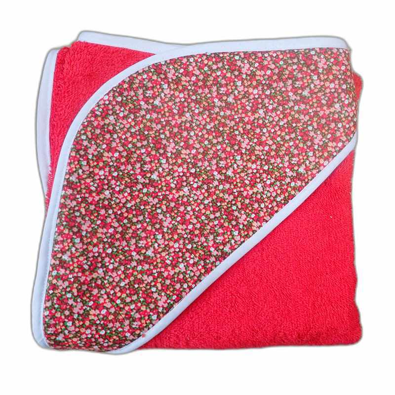 Cape de bain coton rouge motif fleuri
