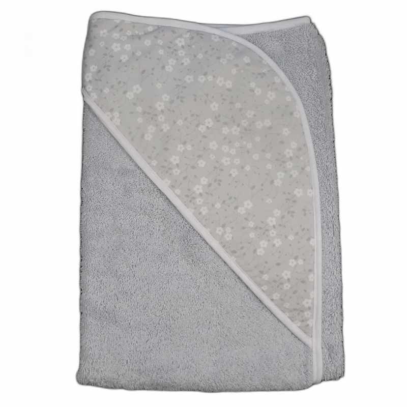 Cape de bain grise coton motif fleurs